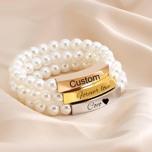 Imitation Pearl Beads Customized Name Bracelets Stainless Steel Custom Engrave Letter Name ID Bracelet for Women Jewelry