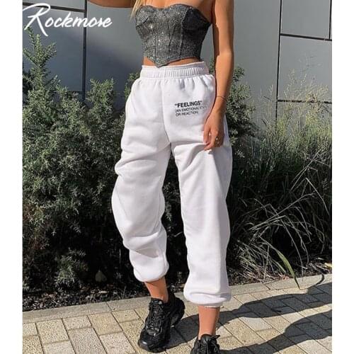 Rockmore Letter Printed Stretch Pants Womens Baggy Sweatpants Pockets Harajuku Korean Pencil Pants HigH Waisted Joggers Casual