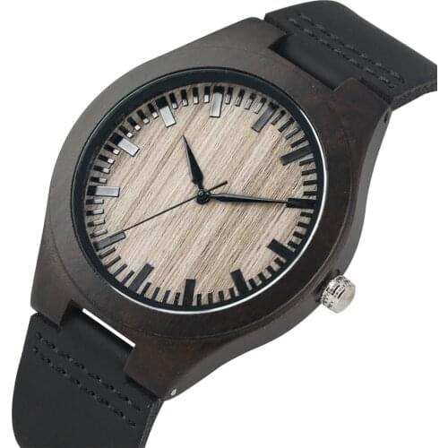 Ebony Wood Watch for Men Quartz Movement Simple Round Dial Black Genuine Leather Mens Watches New Arrival 2019