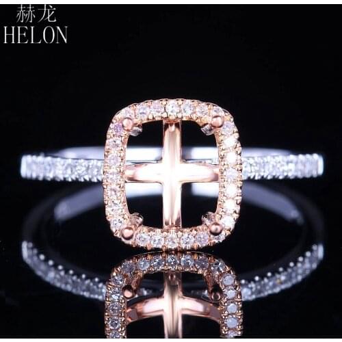 HELON Cushion 7x6mm Solid 14K Two Tone Gold Pave Natural Diamond Semi Mount Engagement Wedding Ring Setting Women Fine Jewelry