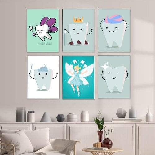 Tooth Canvas Painting Dental Wall Art Posters And Print Cartoon Fairy Funny Cute Dentist Gift Picture Nursery Office Home Decor