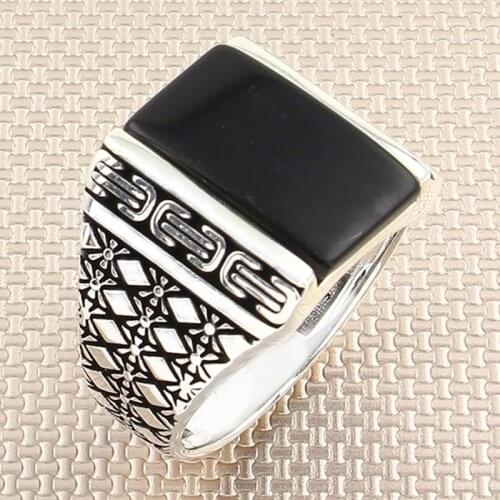 Black Stone Ring For Man Real Pure Sterling Silver 925 Onyx Patterned Embroidered Gemstone Handmade Turkish Jewelry