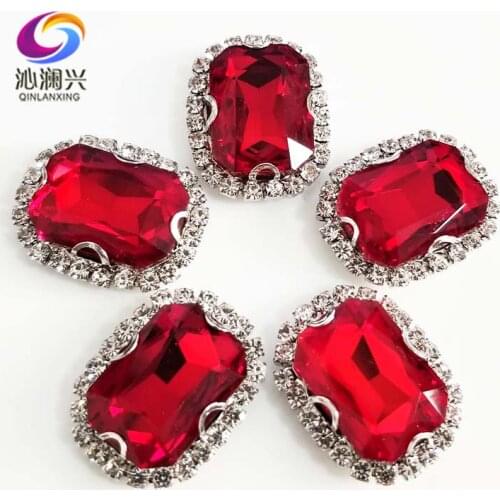 Red Rectangle 3D Anti scratch top glass crystal buckle,Silver bottom Sew on stones,DIY/Clothing accessories SWCB07