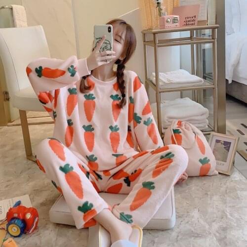 Sweet Pajamas Set Women Round Neck Plush Pajamas Woman Winter Cute Korean Pajamas Nightwear Nightdress Roupao De Banho