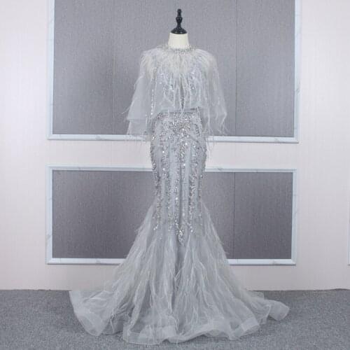 Real Picture Evening Dresses Long Luxury Mermaid V Neck Sequins Beads Feather Open Back Prom Gown wiith Detachable Wrap