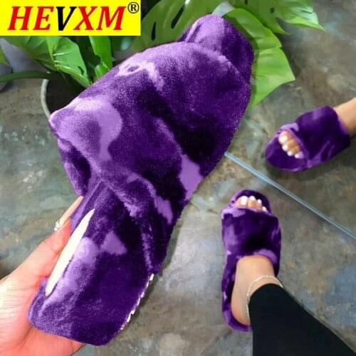 Women 2020 New Autumn/winter Flip Flop New Thick-soled Fur Slippers Color Large-size Thick-soled Graffiti Print Home Sandals