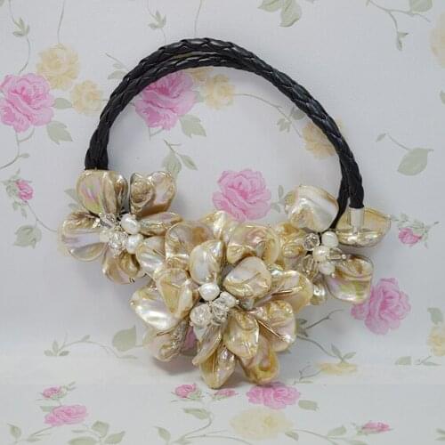 New Arrival Favorite Pearl Jewelry Handmade White Real Freshwater Pearl Sea Shell Flower Black Rope Necklace Charming Women Gift