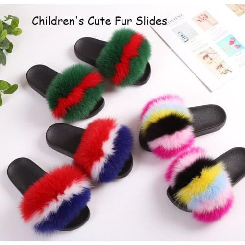 New Hot Childrens Cute Fur Slides Kids Fluffy Furry Indoor Home Slippers Summer Fashion Plush Lovely Beach Flip Flops Wholesale