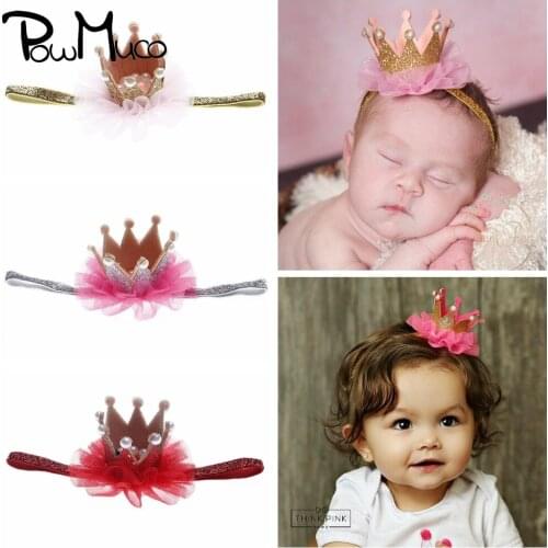 Powmuco Toddler Solid Color Elastic Headband Chic Newborn Girls Lace Glitter Crown Hairband Sweet Hair Accessories Birthday Gift