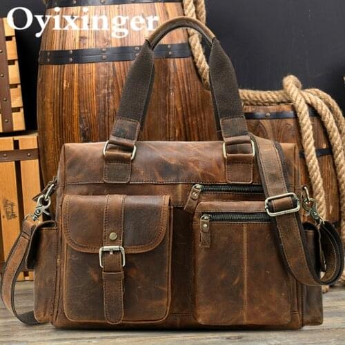 OYIXINGER Genuine Leather Mens Laptop Briefcase Business Men Laptop Bag For 15" Hp Dell Crazy Horse Leather Male Shoulder Bag