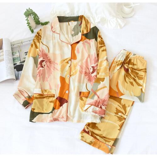 Lapel Homewear Cotton Womens Pajamas Suit Button Floral Printed Sleepwear Set Long Sleeve 2 Pieces Shirts + Pants Female Pijama