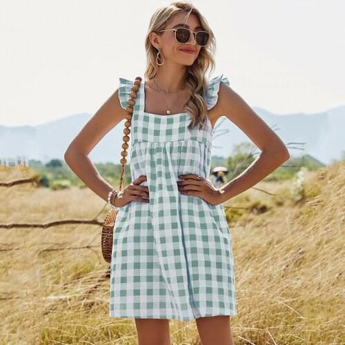 DUISNENA boho dress summer tank sleeve white women dresses with green/blue plaid square neck backless ruffled sleeve vestidos