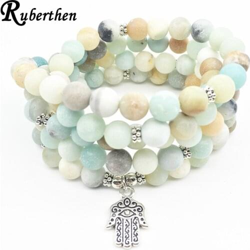 Ruberthen New Design Women`s Yoga Bracelet Fashion Girl`s Hamsa Bracelet or Necklace 108 Mala Matte Amazonite Beads Bracelet