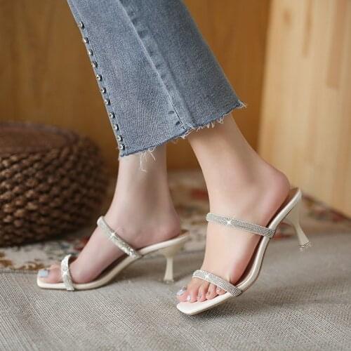 Square Thin Heel Slip on Shoes for Women Slippers High Heel Pumps New Summer Beach Ladies Slides Flip Flops Female Dress Shoes