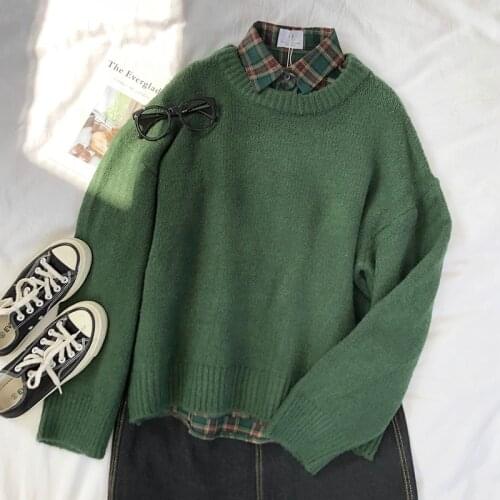 Dark Green Round Neck Pullover Sweater Long Sleeve Warm Autumn Pullovers Jumper