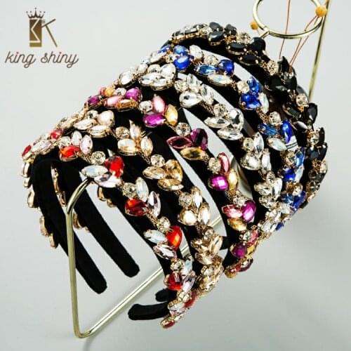 Temperament Color Crystal Leaf Headband for Woman Vintage Shiny Glass Drill Black Velvet Hairband Female Party Hair Accessories