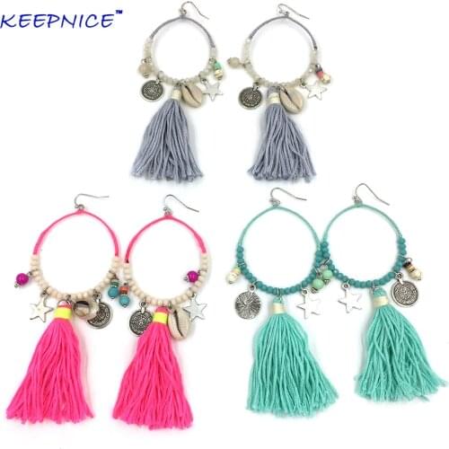 New Bohemian Dangle Earrings With Cotton Tassel Colorful Summer Style Dream Catcher Earrings for woman