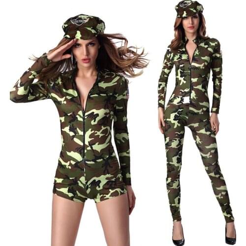 Women Sexy Army Military Air Force Pilot Flight Camouflage Bodysuit Costume Front Closure Catsuit Jumpsuit Uniform For Lady