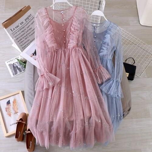 Women Flare Sleeve O-neck Mesh Gauze Pleated Ruffles Dress Vintage Elastic Slim Pearl Bead Bling Sequined Pullover Midi Dress