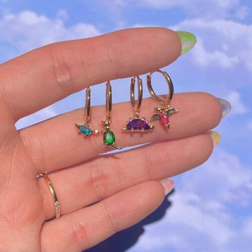 1 pc New Ins Inlaid Zircon Dinosaur Earrings Cute Real Gold-plated Color Zircon Dangle Earrings For Women Girls Fashion Jewelry