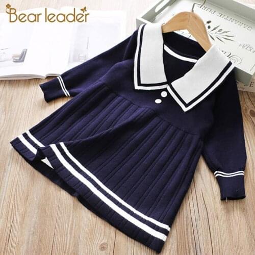 Bear Leader Girls Knitted Princess Dress New Autumn Girl Preppy Dresses Casual Ruched Sweet Outfits Kids Children Clothing 2 6Y