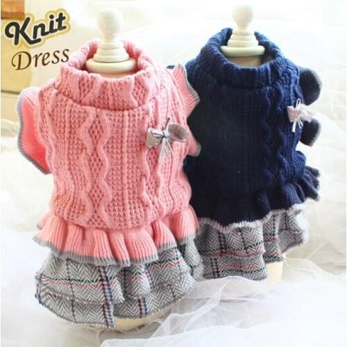 Free Shipping Adorable Dog Sweater Dog Clothes Pet Dresses Lining Cashmere Lotus Leaf Edge Knitting Puppy Poodle School Dress