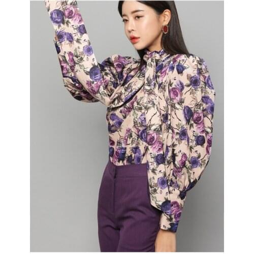 Elegant Lady Lace Up Bow Collar Floral Blouses Women Purple Flower Tops Korean Spring Women Flower Purple Shirts