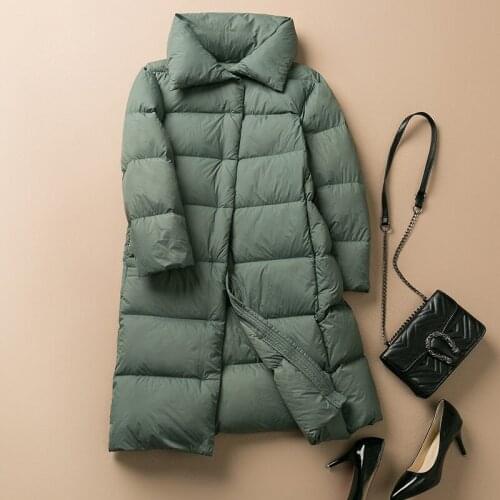 FMFSSOM Autumn Ultra Light Down Long Jacket Women Winter 90% White Duck Down Warm Snow Coat Solid Thick Fluffy Green Outwear