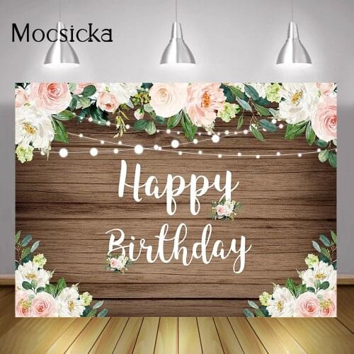 Pink Flowers Happy Birthday Backdrop Adult Children Floral Birthday Party Banner Background Decor Brown Rustic Wood Wall Props