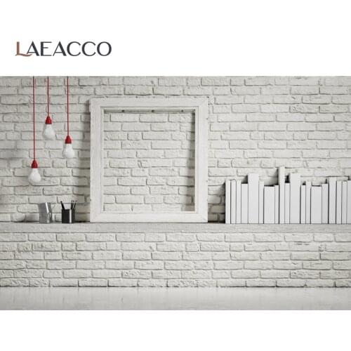 Laeacco Gray White Brick Backdrop Bulb Wooden Frame Books Wall Baby Child Portrait Photography Background Photocall Photo Studio