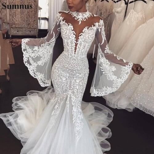Sumnus Mermaid White Wedding Dress 2020 High Neck Long Sleeves Lace Bridal Gown Plus Size Robe De Mariee Custom Made
