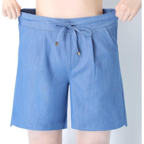 Summer Blue Casual Women Shorts High Elastic Waist Solid Ladies Straight Shorts Pocket Loose Womens Shorts Plus Size S-4XL C7433