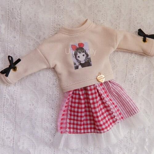 Cute Kiki Patern Long-sleeved Shirt and Red Plaid Skirt for Blyth, Licca, Azone 1/6 Doll Clothes Accessories