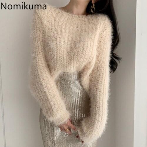 Nomikuma Mohair Slash Neck Pullover Sweater Causal Long Sleeve Korean Pull Femme 2020 Autumn Winter Solid Knitted Jumpers 6D233