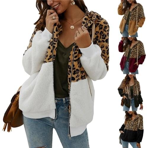New Autumn Winter Ladies Warm Hooded Coat Women Fashion Leopard Patchwork Overcoat Ladies Plush Coat Tops For Female Plus Size
