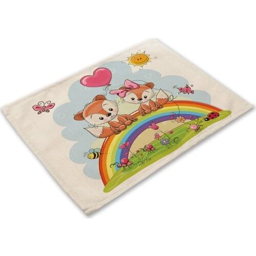 Cartoon Fox Pattern Kitchen Placemat Animal Dining Table Mat Coaster Cotton Linen Pads Western Mat Home Decor Accessory