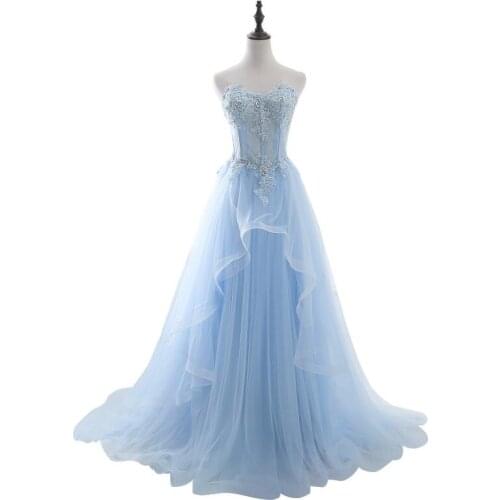 Luxury Light Blue Long Party Dresses Sleeveless Sweetheart Tulle Appliques Beading Lace Up Back Women Bandage Prom Gowns 0310A