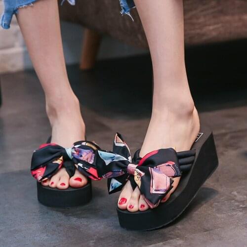 Fashion Butterfly-knot Woman Beach Wedge Shoes High Heel Thick Platform Flip Flops Summer Seaside Slippers Zapatos De Mujer