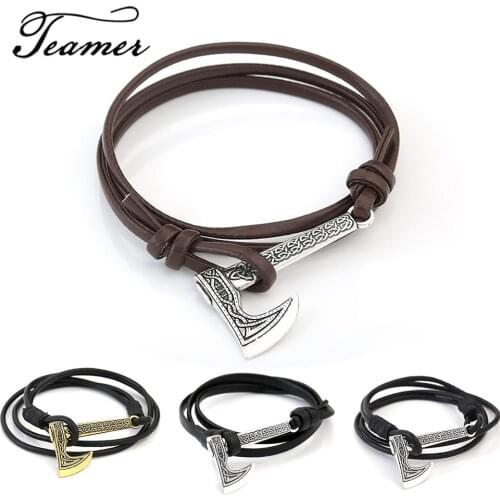 Teamer Fashion Silver Color Pendant Leather Bracelets Trinket Viking Slavic Sword Thor Axe Symbol Charm Amulet Bracelet Jewelry