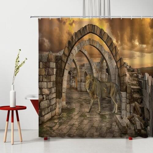 Shower Curtain Old Castle Corridor Remains Lion Masonry Wall Flower Elk Waterproof Bathroom Partition Bath Curtains With Hooks