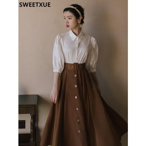 SWEETXUE Women Vintage Fashion Two Pieces Set White Half Sleeve Transparent Shirts Tops High Waist Single Breasted Skirts Jupes