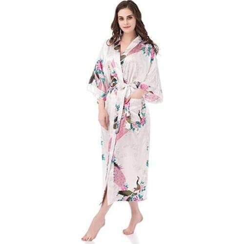 Womens Kimono Long Robe Peacock & Blossoms Long Kimono Robe With Pocket Sexy Wedding Bride Bridesmaids Robe Big Size D130-01