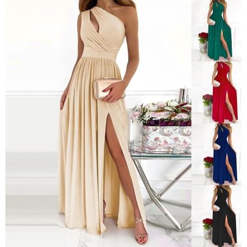 Princess Dress Sexy Skew Collar Hollow Solid Women Long Dress Summer One Shoulder High Slit Maxi Dress Sleeveless Draped Dress