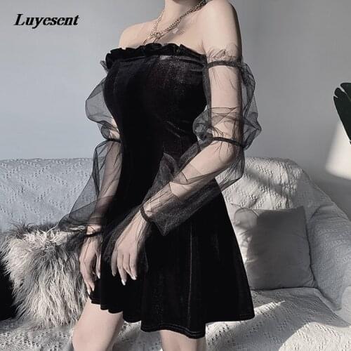 Black Gothic Women Sexy Off Shoulder Mini Dress Lady Lantern Sleeve Mesh Spliced Velvet Dressed Slash Neck Ruffles Streetwear