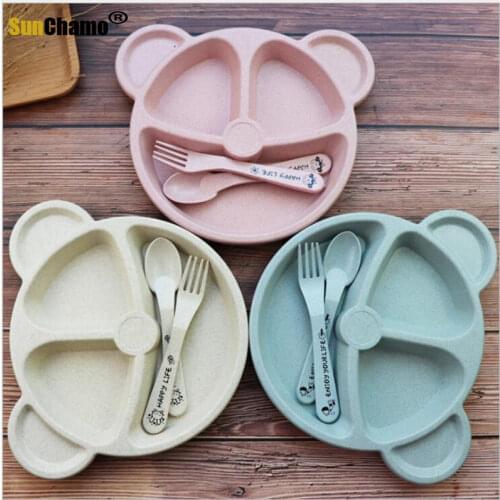 3pcs/set Wheat Straw Tableware Cartoon Bear Children Dishes Kids Dinner Plate Baby Plate Fork Spoon Baby Eating Dinnerware Set
