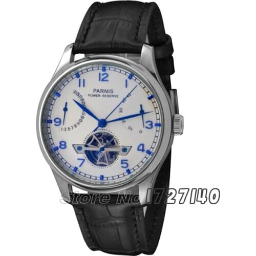 43mm Parnis Power Reserve/White Dial/Blue Perf Automatic Mens Watch p008