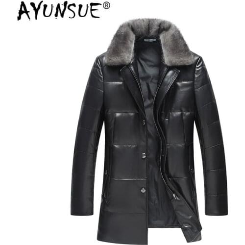 AYUNSUE Mens Leather Jacket Autumn Winter Genuine Leather Down Jacket Mink Fur Collar Sheepskin Coat 2020W17A350 KJ3845