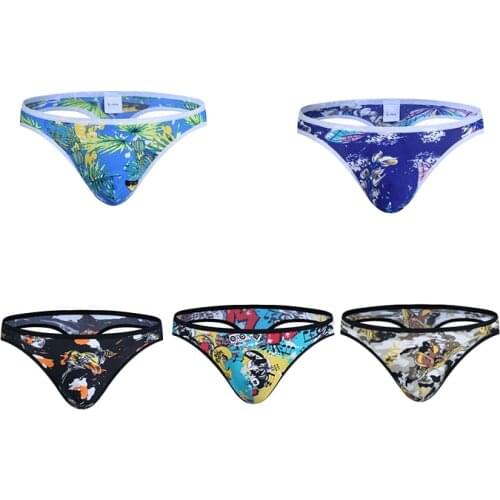 Seamless Gay Men Sexy Printed Thongs Low-rise Ice Silk Comfortable Men Ultra Thin Breathable U Convex Pouch T-Back Underwear