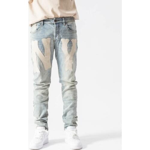 New mens male denim pants mud color knife cut torn hole applique embroidery trousers spring and summer casual jeans for men