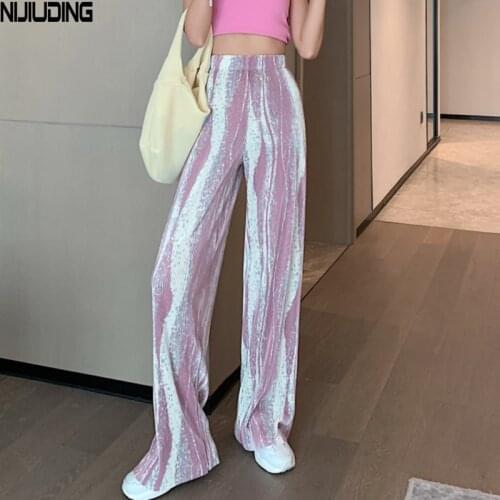 Women INS High Waist Tie-dye Wide Leg Pants 2021 Summer Thin Ice Silk Pleated Loose Street Pant Female Floor-Length Long Trouser